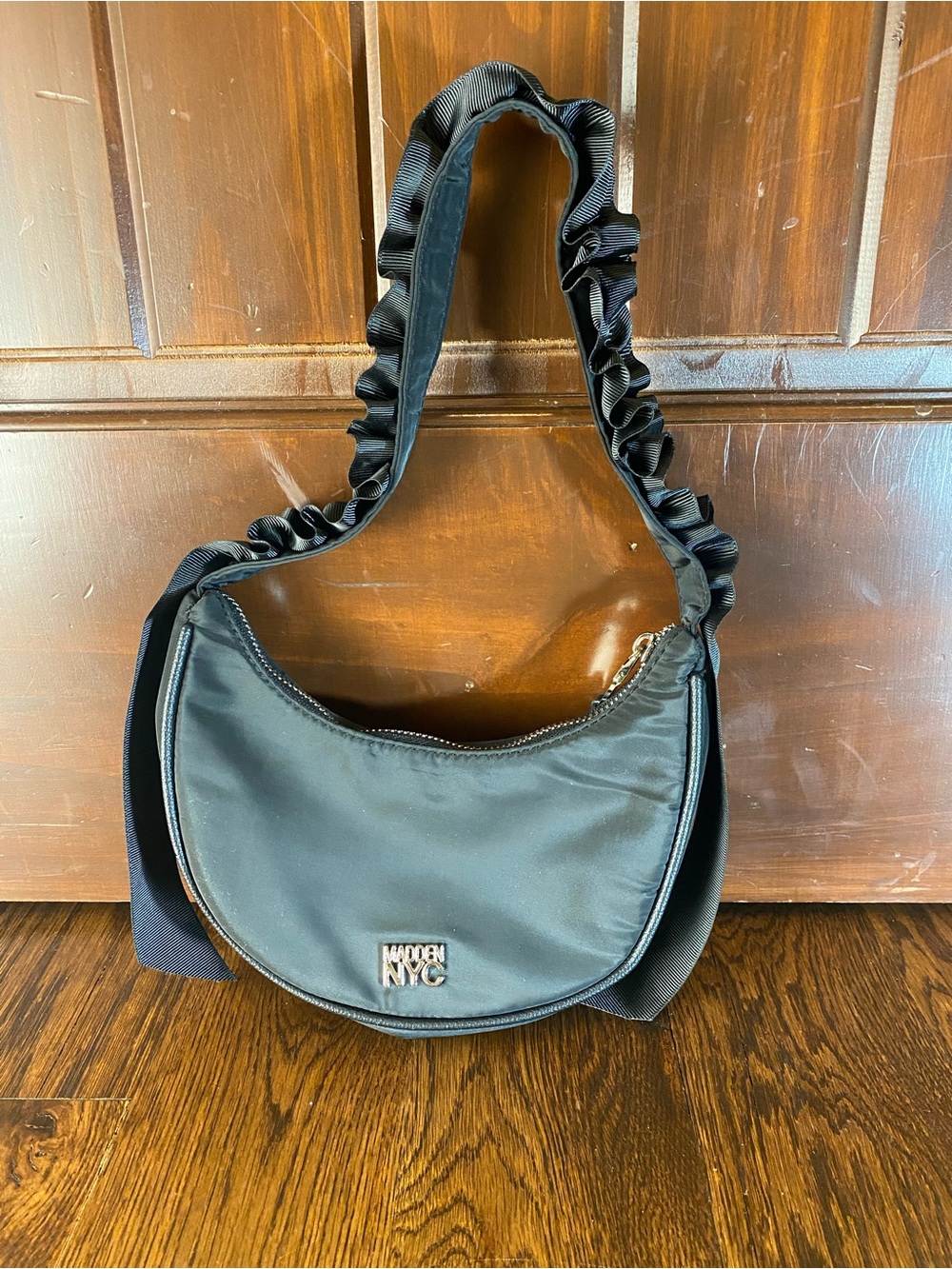 NEW Madden NYC Ruffled Ribbon Half Moon Crescent Shaped Handbag - Black